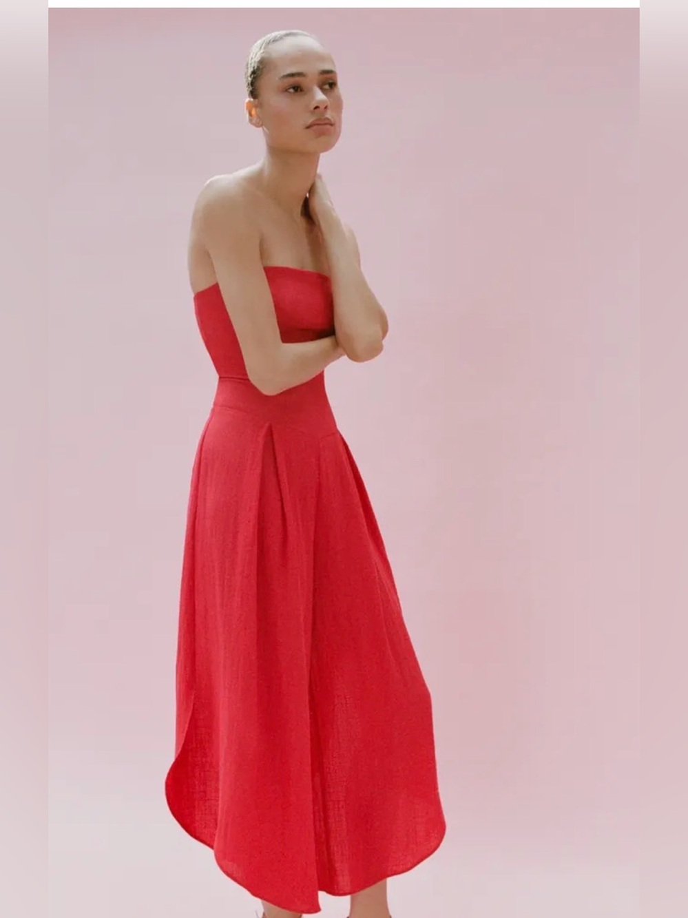 Zara Asymmetrical Hem Strapless Jumpsuit in Red